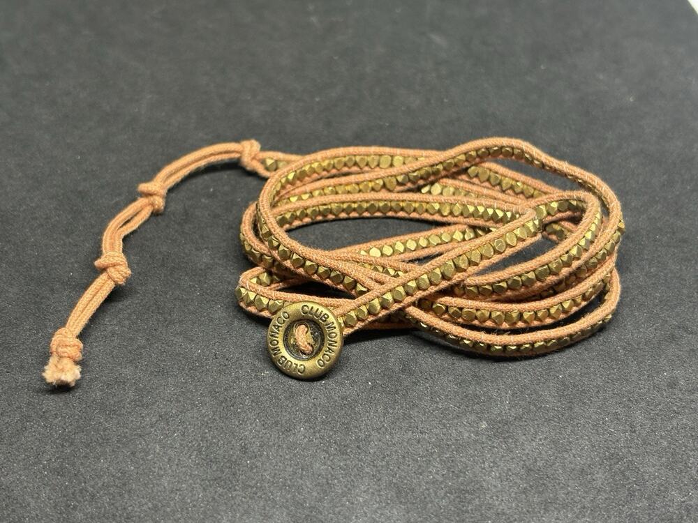 Club Monaco Gold Bead Leather Wrap Bracelet Adjustable Button Closure